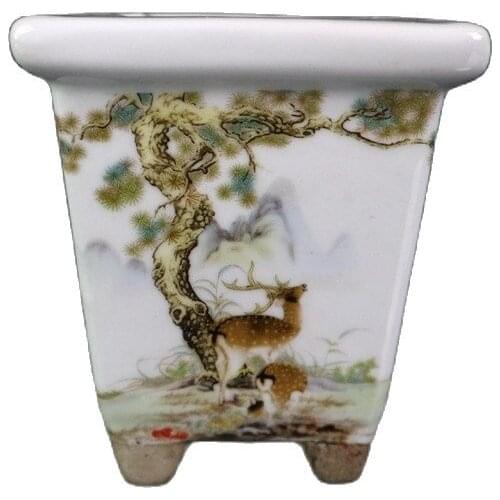 Chinese Old Porcelain Pastel Pine Deer Pattern Square Flowerpot