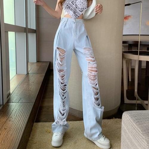 Summer Light Blue Big Holes Jeans Women High Waist Ripped Street Style Denim Pants Ladies Long Jeans