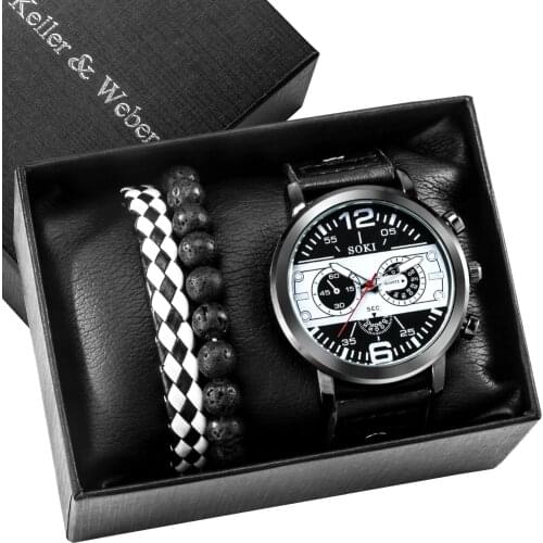 Mens Quartz Watches Retro Stone Bead Bracelets Men Jewelry Box with Leather Pillow Luxury Present Gift for Husband Boyfriend