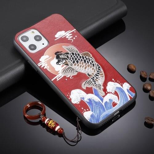 For iPhone 12 11 Pro Max Mini XS XR X 7 8 Plus 6s SE 2020 Case Embroidery Embossed Crane Carp Soft Anti-knock Cover with Ring