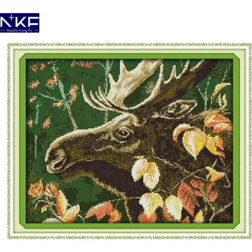NKF Elk Cross Stitch Sets Handmade Craft Painting Needlework Embroidery Kit Animal Cross Stitching Pattern for Home Decor