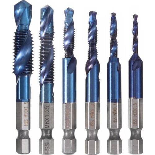 6pcs M3-M10 Combination Drill Tap Bit Set HSS 6542 Blue Nano Coated Deburr Countersink Drill Bits