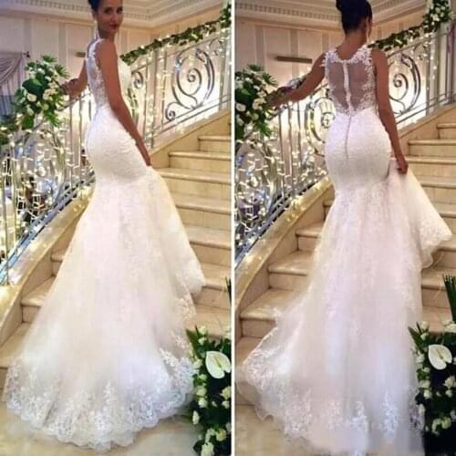 Charming Vintage Lace Mermaid Arabic Wedding Dresses 2018 Illusion Back Plus Size Court Train Dubai Beach Country Cheap Bridal