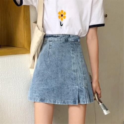 Casual Solid Women Denim Skirt Fashion High Waist Ladies A-line Skirts Summer Chic Pleated Female Sweet Zipper Above Knee Skirt