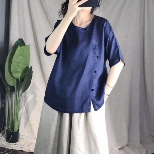 New Women Shirts Summer Vintage Loose Solid Color Fucal Asymmetric Xiejin Frog Buttons Female Comfortable Tops Wild