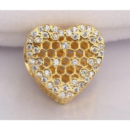 Authentic S925 Bead DIY Jewelry Honeycomb Lace Charms fit Lady Bracelet Bangle Lady Gift Shine Clear CZ