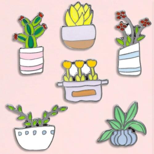 Succulent Flower Enamel Pins Wicker Sapling Cactus Brooch Denim Jean shirts bags Clothes Green Plant Jewelry gift for Friends