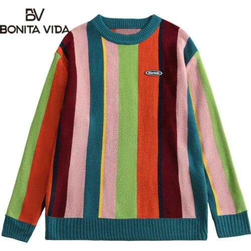 Bonita Vida Streetwear Sweaters Hip Hop Knitted Color Block Stripe Jumpers Sweater Harajuku Pullover Mens Casual Loose Tops