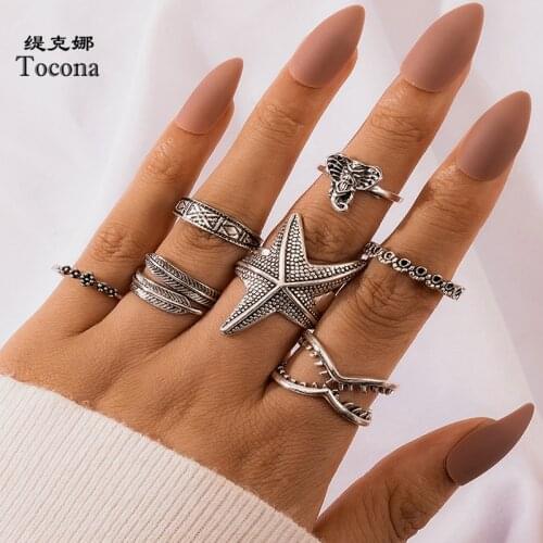 Tocona 7pcs/sets Vintage Elephant Ring Sets for Women Summer Starfish Geometric Party Jewelry Bohemian Jewelry Gift 16545