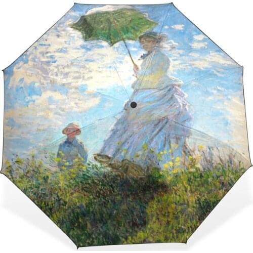 High Quality Claude Monet Famous Oil Painting Umbrella Woman 3 Folding Parasol Fashion Lady Portable Girl Friend Gift For Wife