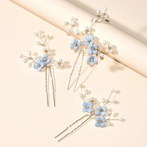 3pcs Blue Flower U Shaped Hair Pins Pearl Elegant Headwear for Wedding Bridal Women Hair Jewelry Accessories SL