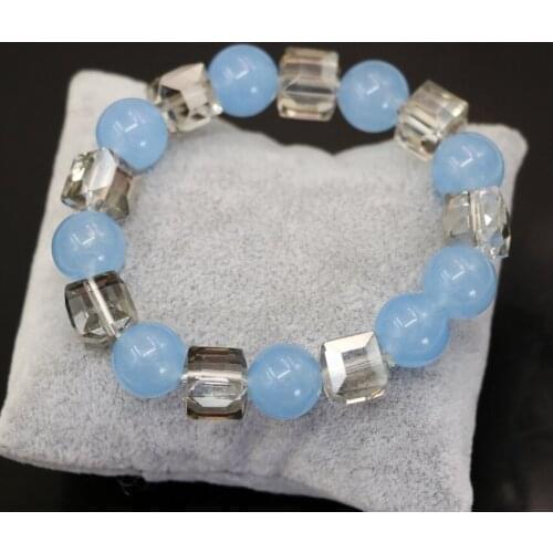 Fashion natural 12mm blue stone jades chalcedony round beads charms bracelet bangle women 10mm crystal jewelry 7.5inch B2934