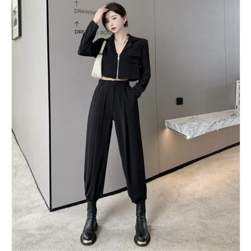2021 New Spring Two Piece Set Women Notched Collar Short Jacket Zipper Coat + Solid Casual Sports Long Harem Pants Suit