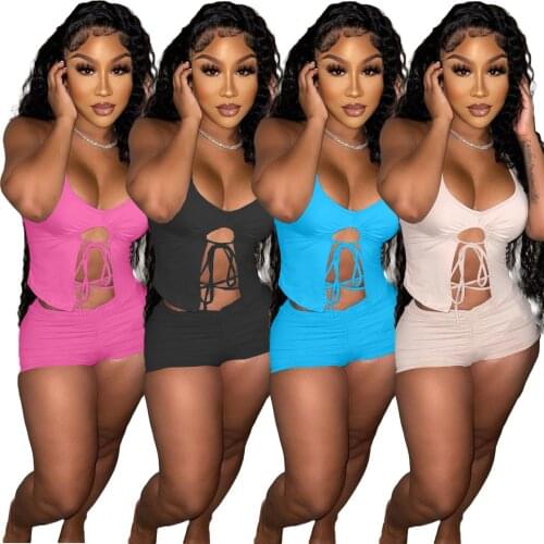 Casaul Sportswear Solid Ruched Short Tracksuit Women Sexy Halter Cut Out Bandage Crop Top + Stacked Biker Shorts Two Piece Set