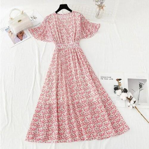 Women Chiffon Dress 2021 Summer Fashion Female Short sleeve V-neck Vintage Floral Print Midi Dress Casual Beach Vestidos