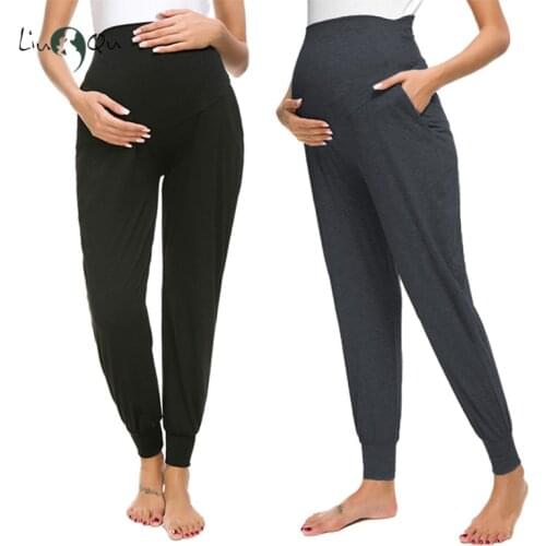 Pack 2 Pcs Womens Maternity High Waisted Comfortable Lounge Pregnancy Pants Folded Waist Premama Stretchy Pregnant Clothes Pants