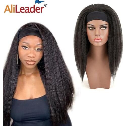 Alileader New Wigs With Headband Kinky Straight Synthetic Headband Wigs Quality Black Wig With Elastic Hair Band 16 Inches