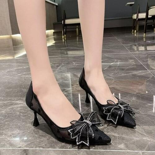 Sandals Female 2021 Summer New Diamond Bow Fairy Wind Pointed Thin Heel Gauze Temperament High Heeled Shoes