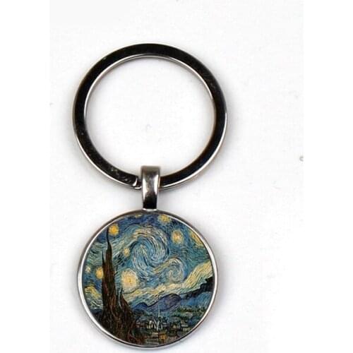 Retro Charm Starry Night Keyrings Moonlight Night Glass Men Women Keychains Vincent Van Gogh High car Best Friends Souvenir Gift