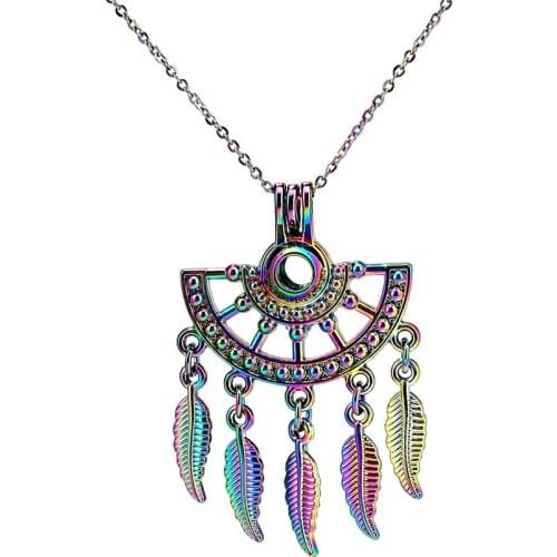 C1014 Rainbow Color Fan Shapes Filigree Bohemian Feather Style Beads Pearl Cage Necklace Pendant Aroma Essential Oil Diffuser