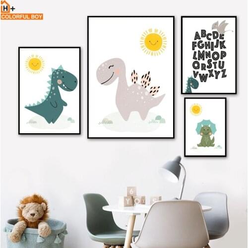 Baby Sunshine Dinosaur Cartoon Nordic Posters And Prints Wall Art Canvas Painting Print Wall Pictures For Kids Room Boy Bedroom