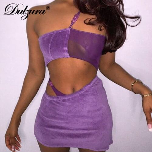 Dulzura Velvet 2 Piece Set Mesh Patchwork Tube Crop Top Mini Skirt Set Hollow Out Bodycon Sexy Streetwear Party Club Outfit