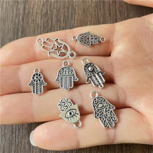 JunKang 50pcs Vintage Tibetan Silver Turkish Hollow Evil Eye Mini Palm Pendant DIY Bracelet Necklace Jewelry Connector