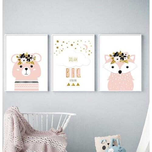 Cartoon Small Animals Nursery Canvas Painting Children Room Decoration Flowers Stars Moon Wall Pictures for Living Room Dream
