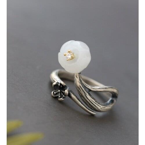 Authentic 925 Sterling Silver Rings Inlaid Natural White Jade Petal Fashion National Style Women Opening Adjustable Ring