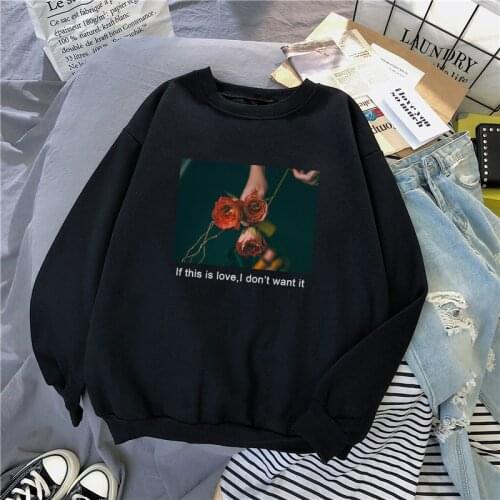 Korean INS Retro Cartoon Letter flower Print Rose Loose tops Black casual chic New Harajuku warm Long-Sleeve Female Sweatshirt