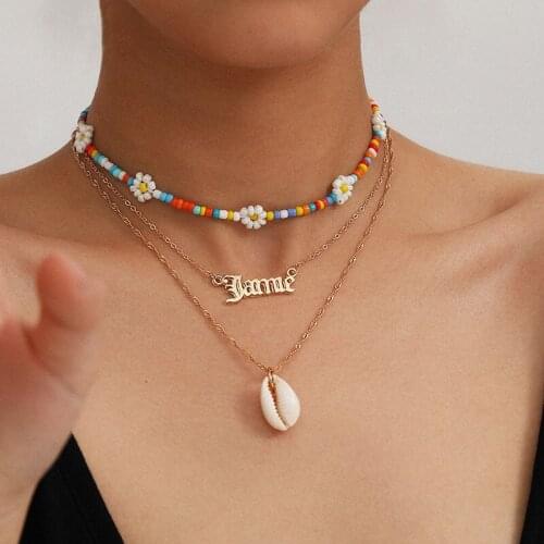 Colorful Acrylic Beads Flower Letter Sea Shell Pendant Necklace Women Bohemian Fashion Geometric Beach Necklace Jewelry XR3132