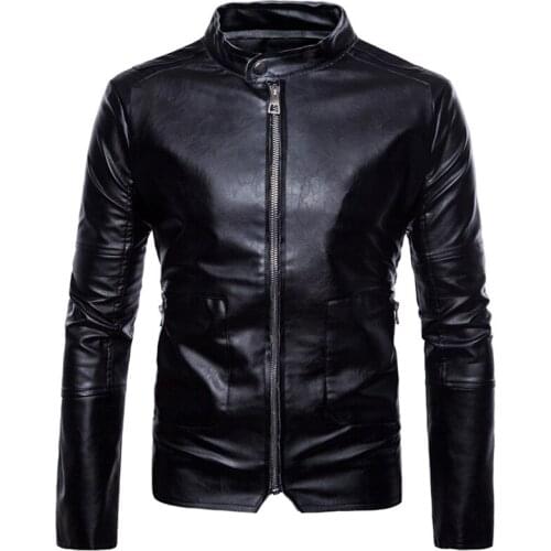 Faux leather jacket mens spring and autumn stand-up collar zipper long-sleeved imitation leather mens simple slim leather coat