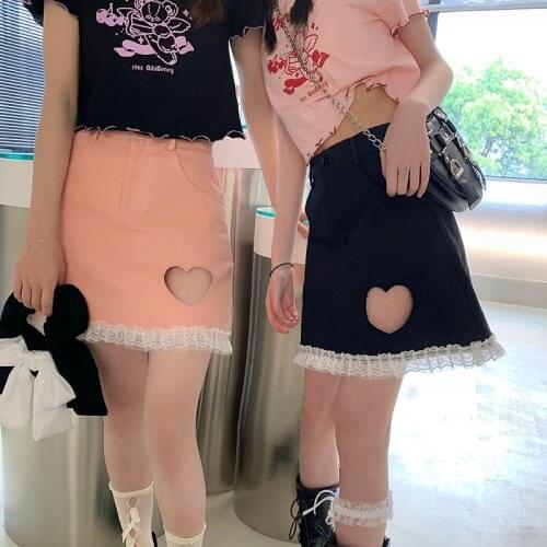 Streetwear Sweet Gothic Mini Skirt Girls Harajuku Ins Love Casual Kawaii Y2k A-Line Skirt Female Vintage Cute Lace Splice Skirts