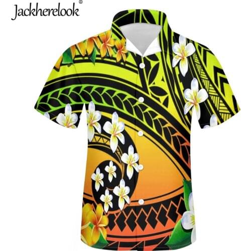 Jackherelook Hawaii Plumeria Polynesian Print Mens Hawaii Beach Shirts Summer Male Top Cuban Guayabera Turn-down Collar Chemise