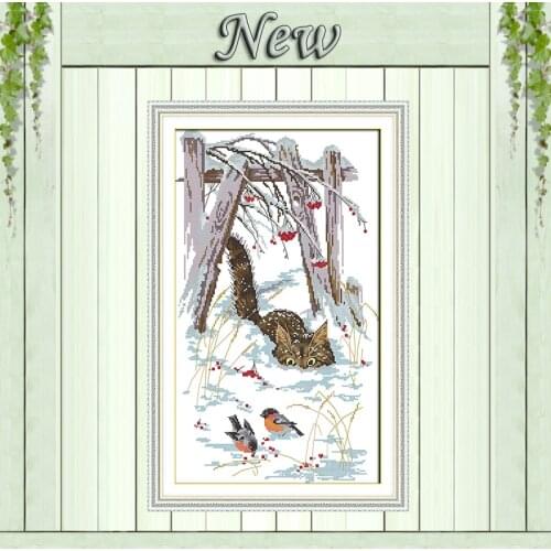 Snow kitten cat birds animal Painting Counted Print on the canvas DMC 14CT 11CT DIY Cross Stitch Needlework Kits Embroidery Sets