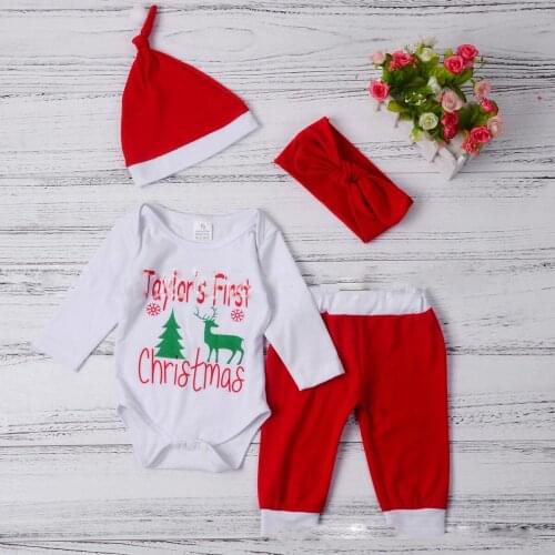 Pudcoco Newborn Baby Girl Clothes Cotton Christams Print Romper Tops Long Pants Headband Hat 4Pcs Outfits Christmas Clothes Set