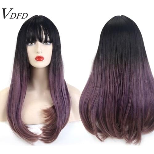 VDFD Long Purple Ombre Straight Wig with Bangs Natural Synthetic Cosplay Hair for Women Daily Heat Friendly