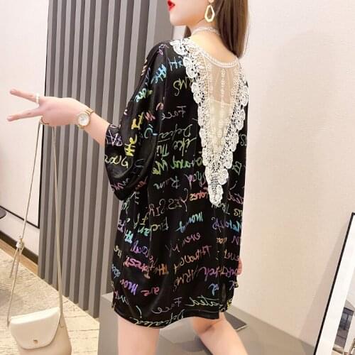 Black White Oversize T-shirts Women Top Summer Short Sleeve Letter Print Long T-Shirt Plus Size Lace Patchwork Loose TShirt Tees