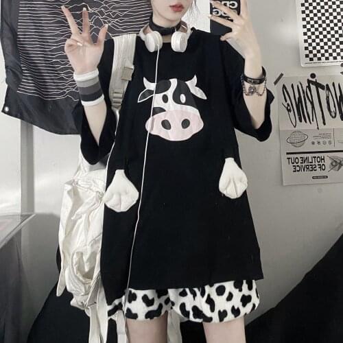 Women Tshirts Cute Cartoon Sweet Cow print Korean version loose cute mid-length Harajuku bf wind Y2K top Ulzzang Summer T-Shirt