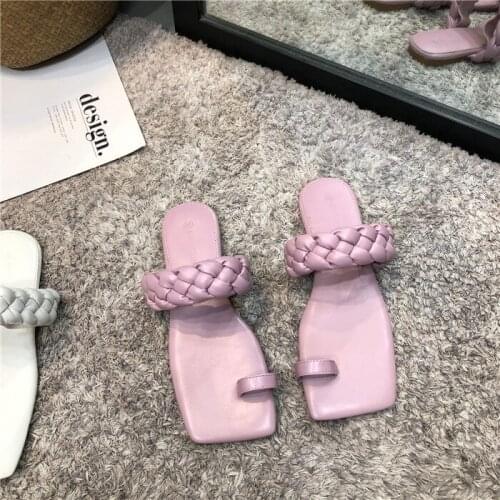 Womens Slipper Women Summer Shoes Female Weave Thong Clip Toe Square Toe Slip On Non Slip Flat Slides Sweet Ladies 2020 New Hot