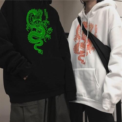 Women Hoodies Unisex Dragon Print Harajuku Vintage Fun Chinese Dragon Print Mens Hoodie Male Streetwear Black Coat Sweatshirt