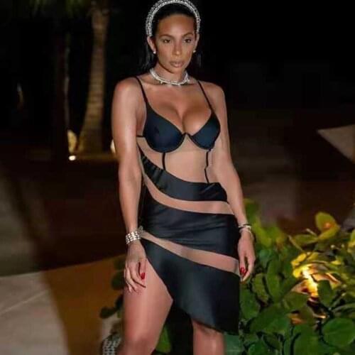 Free Shipping Sexy Patchwork Asymmetric Dress Female Sleeveless Bodycon Midi Dress Club Evening Party Vestidos 2021 Summer New