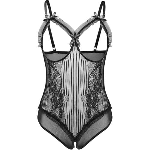 Womens Bodysuit See-Through Underwear with Lines Black Sexy Off-Shoulder Sleeveless One-Piece Jumpsuit Bodydoll Sexy Body Suit