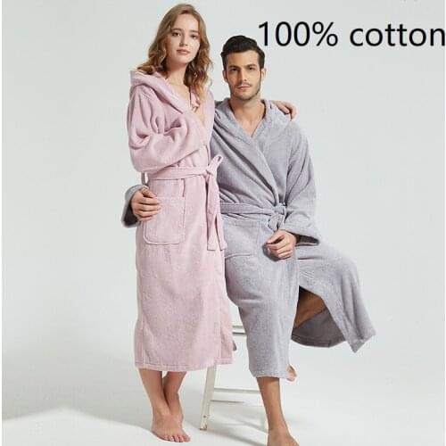 Winter Men Bathrobe Hooded pajamas 100Cotton Thick Warm Towel Cotton Dressing Gown Long Bath Robe Hotel Spa Soft Bridesmaid Robe