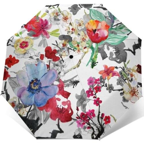 Wind Resistant Fully-Automatic Umbrella Watercolor Floral Flowers Rain 3 Folding Parasol Travel Car Umbrella