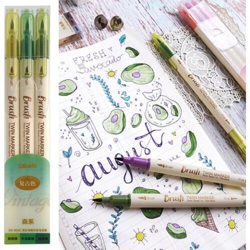 3 Pcs/Set Retro color Brush Marker Pens Set Dual side Fine Liner Water Based Ink Blendable Watercolor Art Paint Drawing School