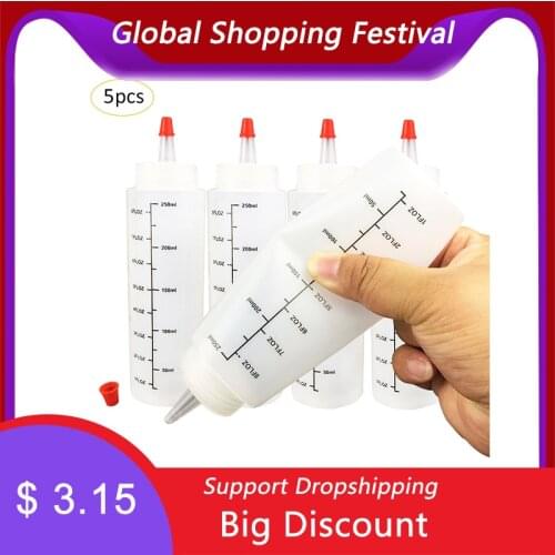5PCS 250ML Plastic Needle-nosed Bottle Salad With scale Squeeze Bottle With Leak-Proof Cap Sauce Squeezable Bottle