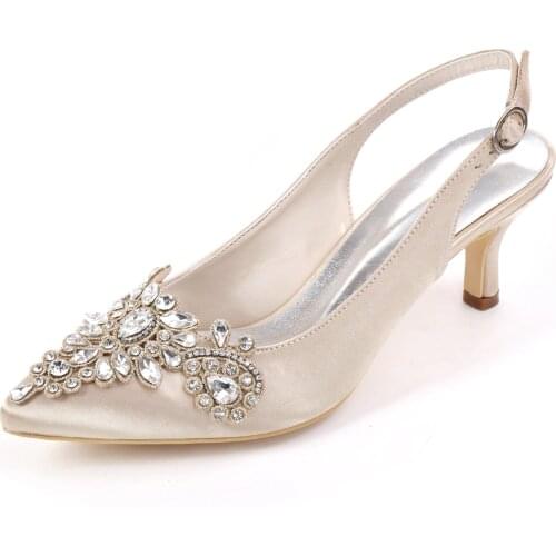 Elegant bridal shoes mid heels pointed toe slingback satin wedding dress heels w lace rhinestone applique 2'' pumps many colors