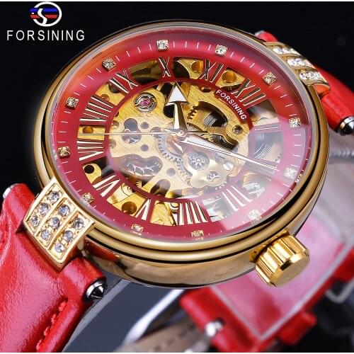 Forsining 2019 Golden Skeleton Diamond Design Red Genuine Leather Band Waterproof Lady Mechanical Watches Top Brand Luxury Clock