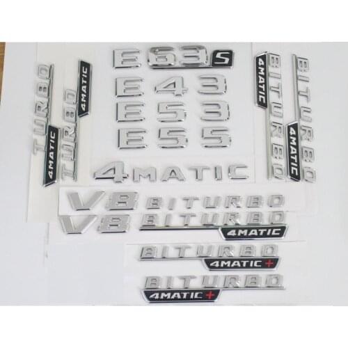 Chrome Letters E43 E55 E53 E63 E63s Emblem V8 BITURBO 4MATIC Sticker for Benz AMG W212 W213Trunk Fender Emblems